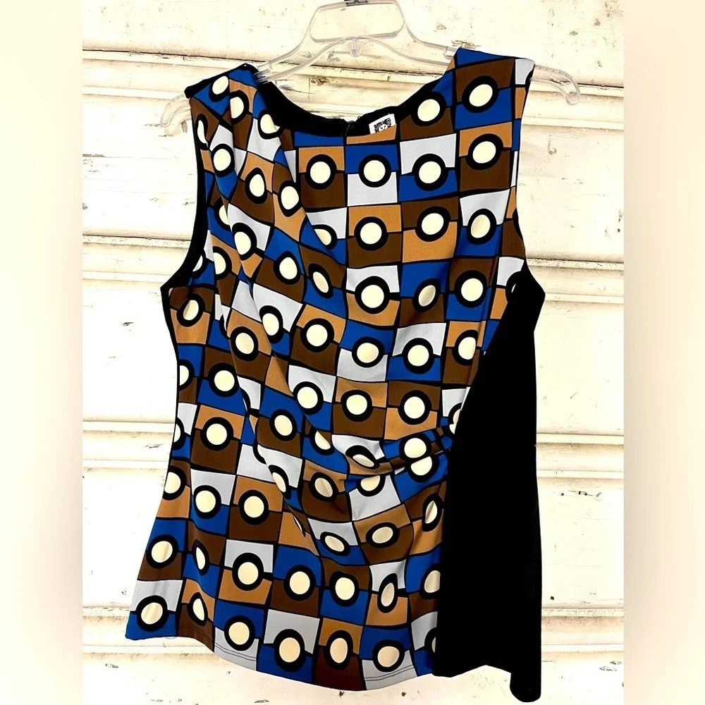 Anne Klein sleeveless graphic rouched blouse, zip back, size XL